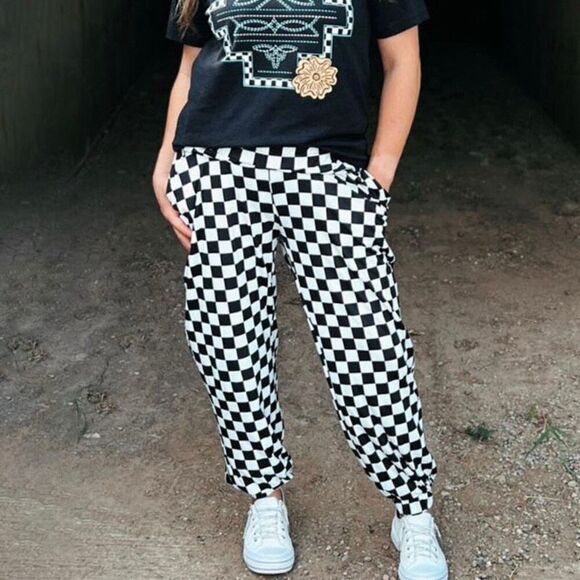 Round The Track Joggers Casual Black And White Checkered Pants Size L New - Picture 2 of 7